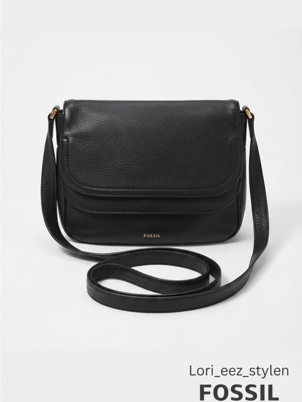 Fossil Black Pebbled Leather Flap Crossbody with Gold-Tone Accent
